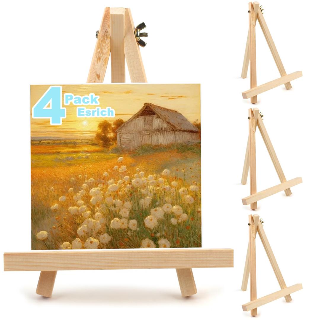 4PCS 9 Inch Wood Easels, Tripod, Painting Party Easel, Kids Student Tabletop Easels for Painting, Easel Stand for Painting Canvases, Portable Canvas Photo Picture Sign Holder.