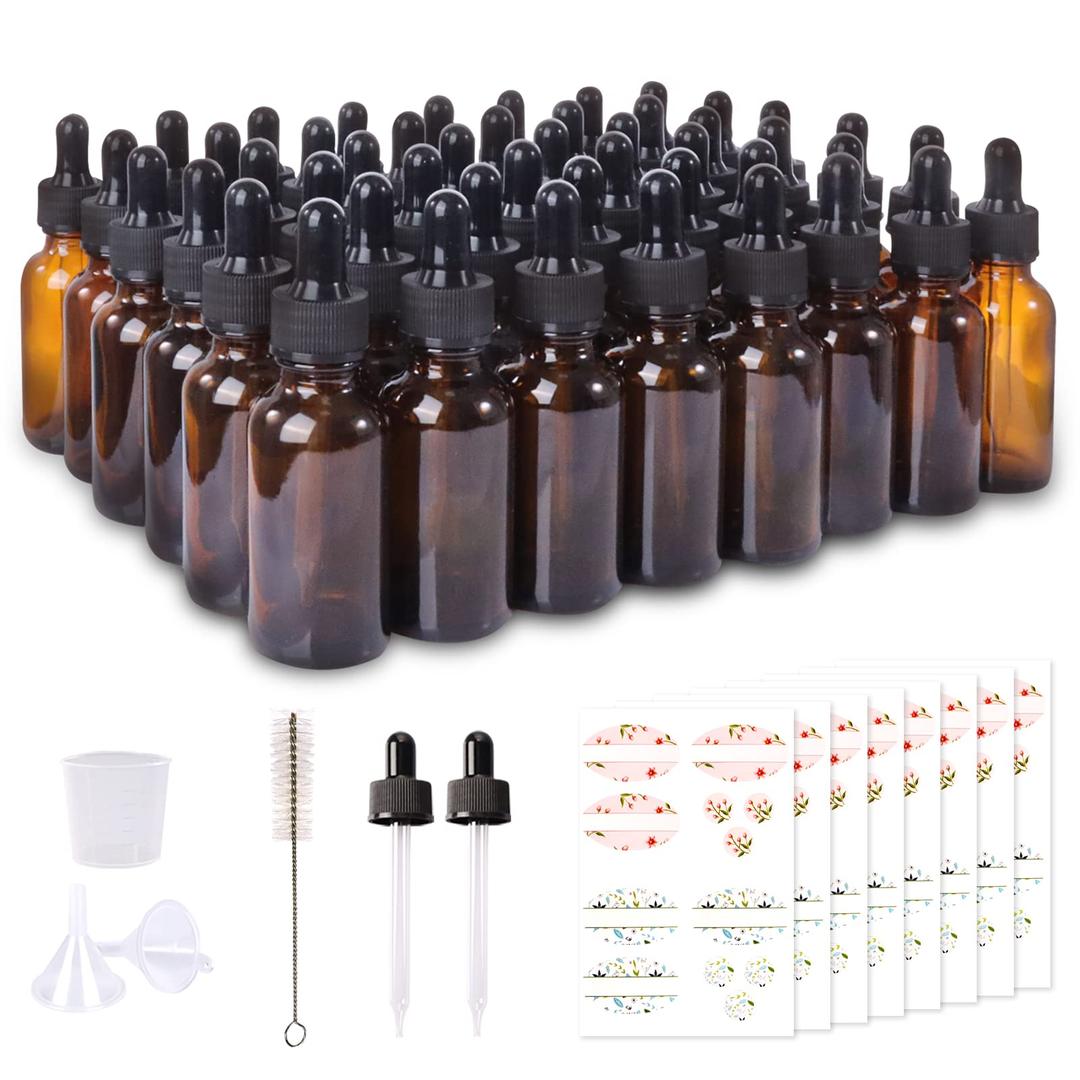 Comrzor 48 Pack 1oz Amber Glass Bottles with Glass Eye Droppers for Essential Oils, Perfumes & Lab Chemicals (Brush, Funnels, 2 Extra Droppers, 54 Pieces Labels & 30ml Measuring Cup Included)