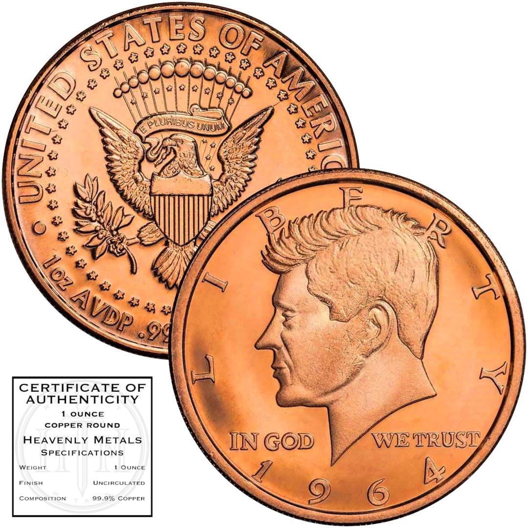 1964 Kennedy Half Dollar Replica 1 oz Pure .999 Copper Round Bullion Coin in Capsule - COA by Heavenly Metals