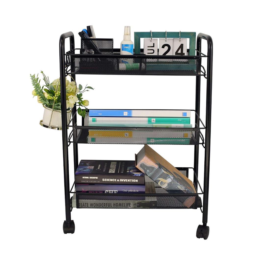 OVICARMesh Wire 3 Tier Rolling Cart, Kitchen Storage Utility Cart, Multifunction Basket Stand for Bathroom, Full Metal Storage Art Trolley Carts with Wheels & 4 Side Hooks (Black)