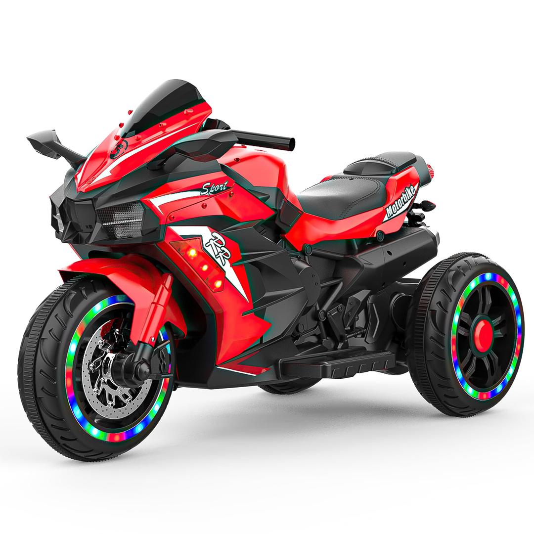 WIIS'IDEA Kids Ride On Motorcycle,12V Electric Battery Powered Ride On Bike,3 Wheels Electric Motorcycle for Kids Ages 3-6 Years with Hand Racing,LED Light-Emitting Tyres,PU Seat,Toy Gifts（Red）