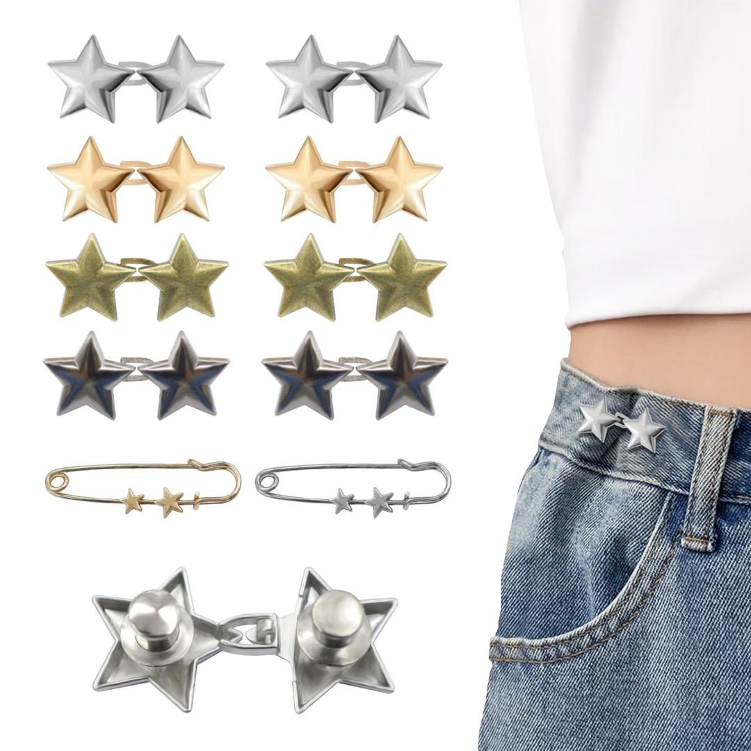 10 Set Pant Waist Tightener Star Buttons Pins for Loose Jeans Reusable Waist Cincher Clip Metal Star Brooch for Clothing Dresses Skirts No Sewing Decoration Accessories