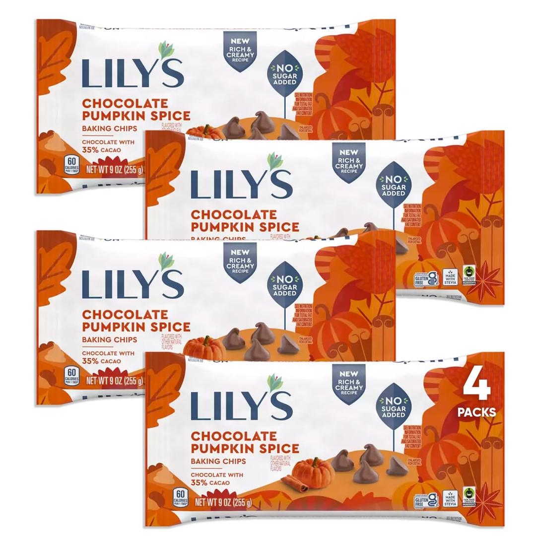 Lilys Chocolate Pumpkin Spice Baking Chips 4 packs (9 oz each one) - Lilys Chocolate Halloween Chips, Pumpkin Spice, Gluten Free, No Added Sugar, Low-Carb, Keto Friendly - Stevia Sweetened, Ideal for Baking and Topping, Delicious Pumpkin Flavor Halloween Candy