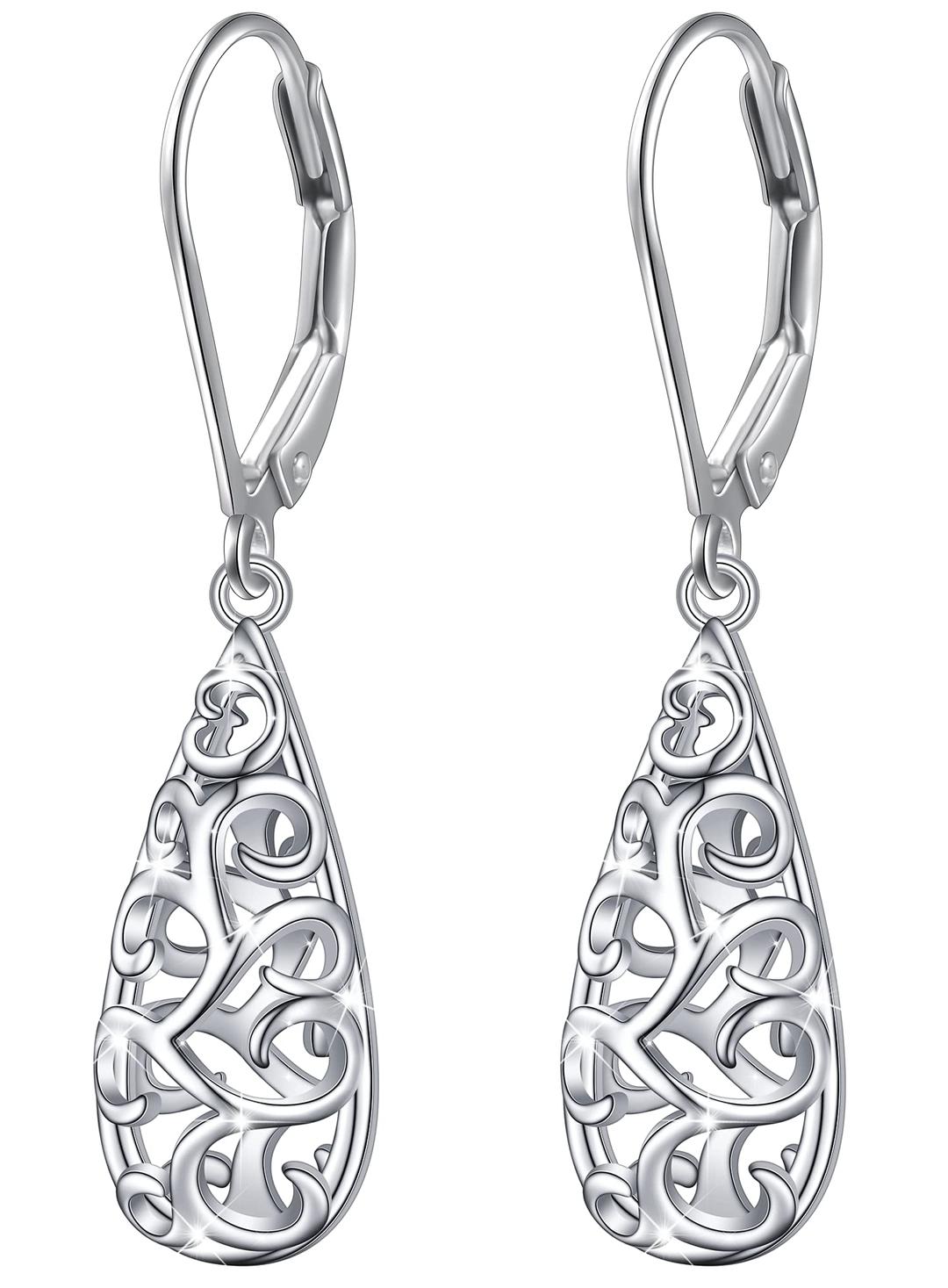 Teardrop Filigree Dangle Drop Leverback Earrings Sterling Silver Jewelry Gifts for Women