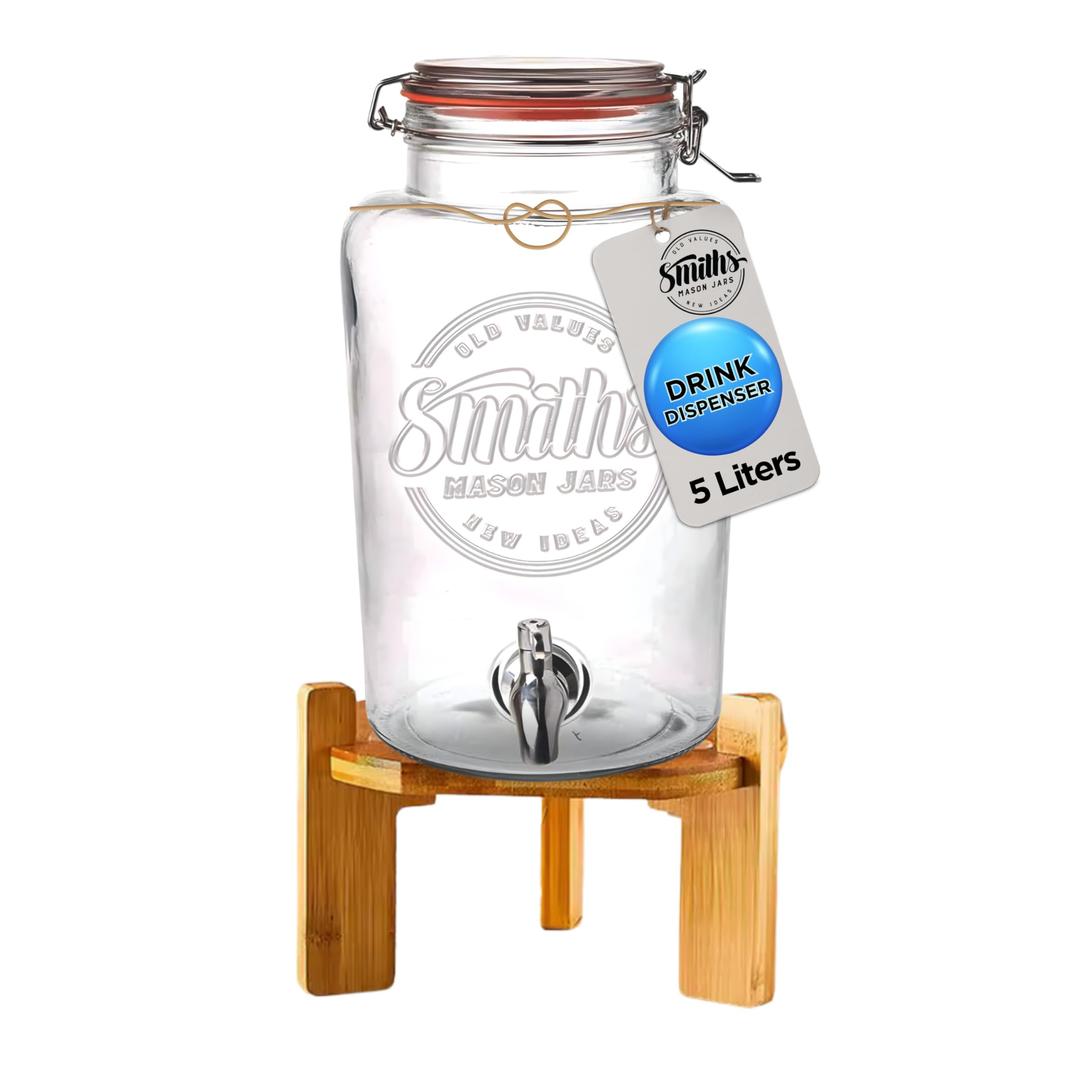 Smith's Mason Jars 5-Litre (169oz) Drink or Water Dispenser with Stainless Steel Spigot(Tap), Removable Mesh Filters and Wooden Stand - Ideal for Lemonade, DIY Drinks, Fresh Fruit and Herbs