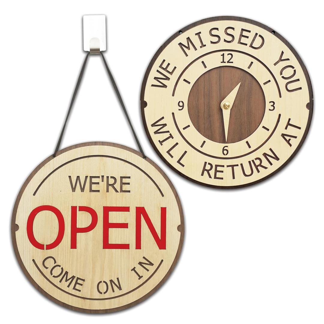 Happy Smiley Face Design, Open and Closed Sign, Wooden Come On In, Will Return Clock, Be Back Sign with Clock, Double Sided Open Signs for Business