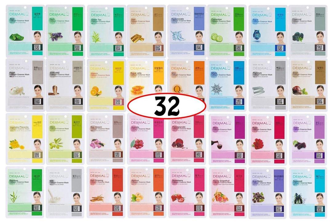 DERMAL 32 Combo A+B Set Collagen Essence Korean Face Mask - Hydrating and Soothing Facial Mask with Panthenol - Hypoallergenic Self Care Sheet Mask for All Skin Types - Natural Home Spa Treatment Mask