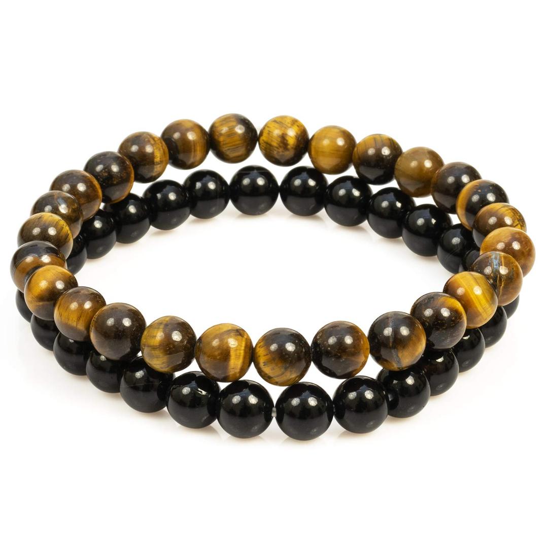 Divine Magic Stretch Bracelets Black Onyx Beads 8mm Stone Jewelry for Men and Tiger Eye Chakra Healing Crystal for Protection Gemstone Bracelet Set of 2 Black and Brown