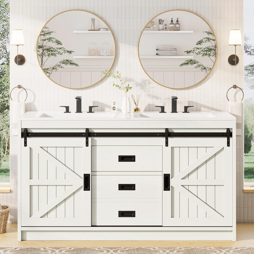 AMERLIFE 61" Farmhouse Double Bathroom Vanity with Sink Combo, Dual Basin Bathroom Storage Cabinet with Sliding Barn Doors & Drawers, Large Double Bath Vanity Sink Set, Rustic White