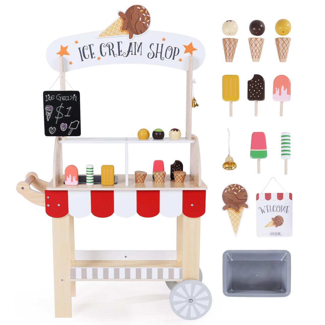 labebe Wooden Ice Cream Cart for Kids, Toddler Ice Cream Truck Pull-Along Pretend Play Stand for 3-8Y, Children Role Play ice cream toy Trolley with Blackboard, ringbell, Ice-lolly for 36M+ Girls Boys