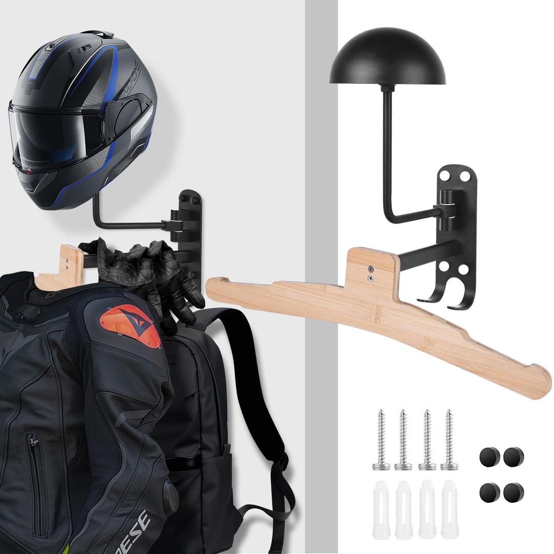 Motorcycle Helmet Rack Wall Mount 180 Degree Rotation Metal Bike Helmet Holder Mount Bicycle Helmet Display Hanger Stand with 2 Hooks for Motorcycle Bike Baseball Rugby Helmet