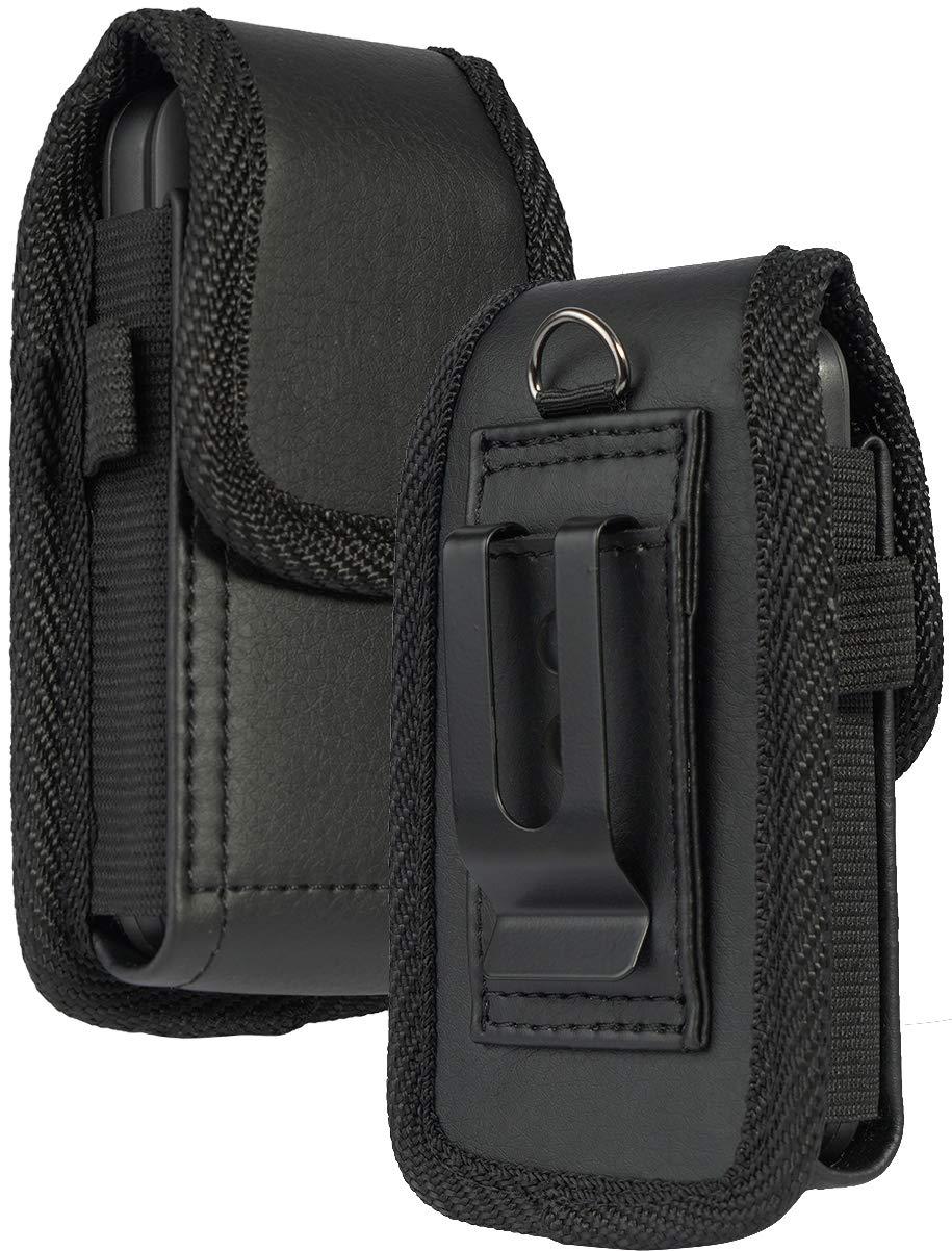 Flip Phone Case, Nakedcellphone Black Vegan Leather Vertical Pouch [with Belt Loop, Metal Clip, Magnetic Closure] for Alcatel Go Flip V, MyFlip, TCL Flip 3, Blu Cingular Flex 2, Nokia 2720 2760 2780