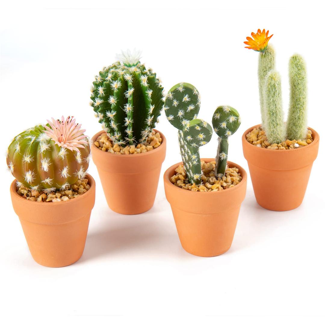 Mini Artificial Cactus Plants in Terracotta Pots 4 Pcs Potted Faux Succulents in Pots Fake Potted Plants Cactus Decor Small Artificial Plants for Home Decor Indoor Office Desk Tabletop Shelf