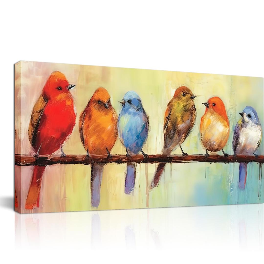 GLOKAKA Abstract Birds Wall Art Singing Birds Oil Painting Canvas Print Artwork Chubby Birds Standing on Wire Picture for Home Living Room Kitchen Bedroom Wall Decor (8"x16"(20x40cm))