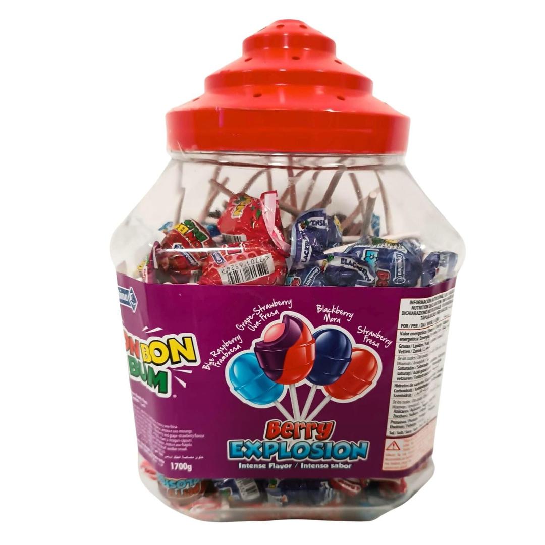 ColombinaBon Bon Bum Berry Explosion Lollipops with Bubble Gum, Jar of 100 (Pack of 1)