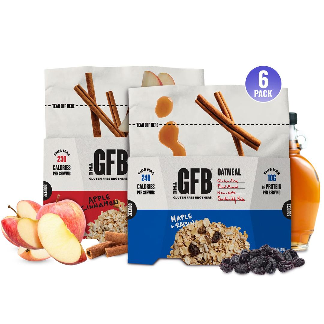 The Gluten Free Brothers Protein Oatmeal Variety Pack- Gluten Free Apple Cinnamon and Maple Raisin Oatmeal Pouches – Instant Hot Breakfast Cereal in a Pop-Up Cup - Non GMO, Soy Free, 2 oz (6 Count)