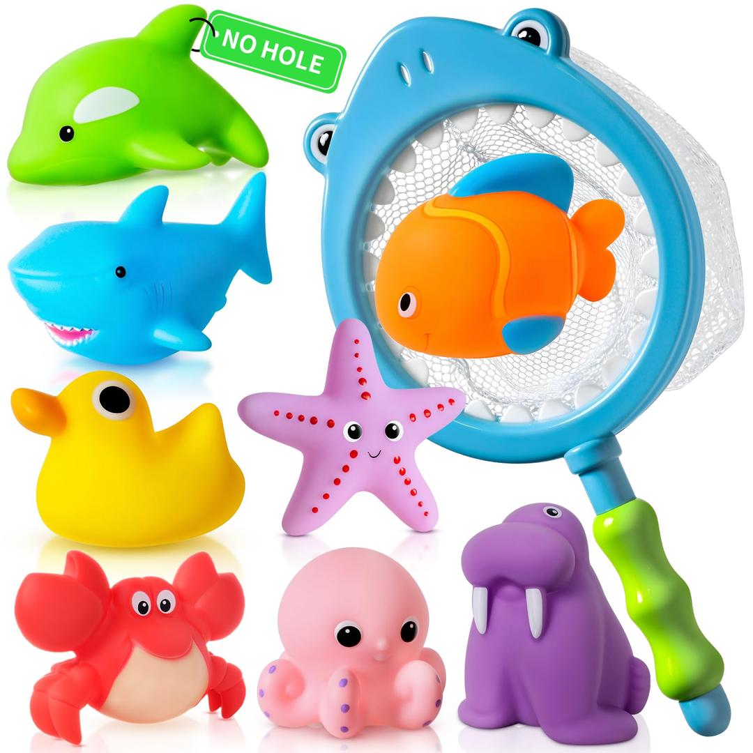 No Hole No Mould Baby Bath Toys - 9PCS Mould Free Bath Toys for 1 2 3 4 Year Olds Toddler Kids Swimming Pool Toys Anti-mould Sea Animals Water Toys for Boys Girls