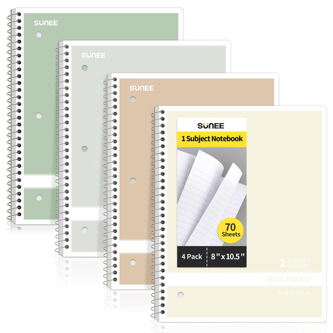 SUNEE Spiral Notebooks Wide Ruled, 1-Subject, 4 Pack, 8 x 10-1/2 inch, 70 Sheets per Notebook,3-Hole Punched Paper,Green,Grey,Beige,Red Spiral Lined Notebooks for Work, Home&School,Writing Journal