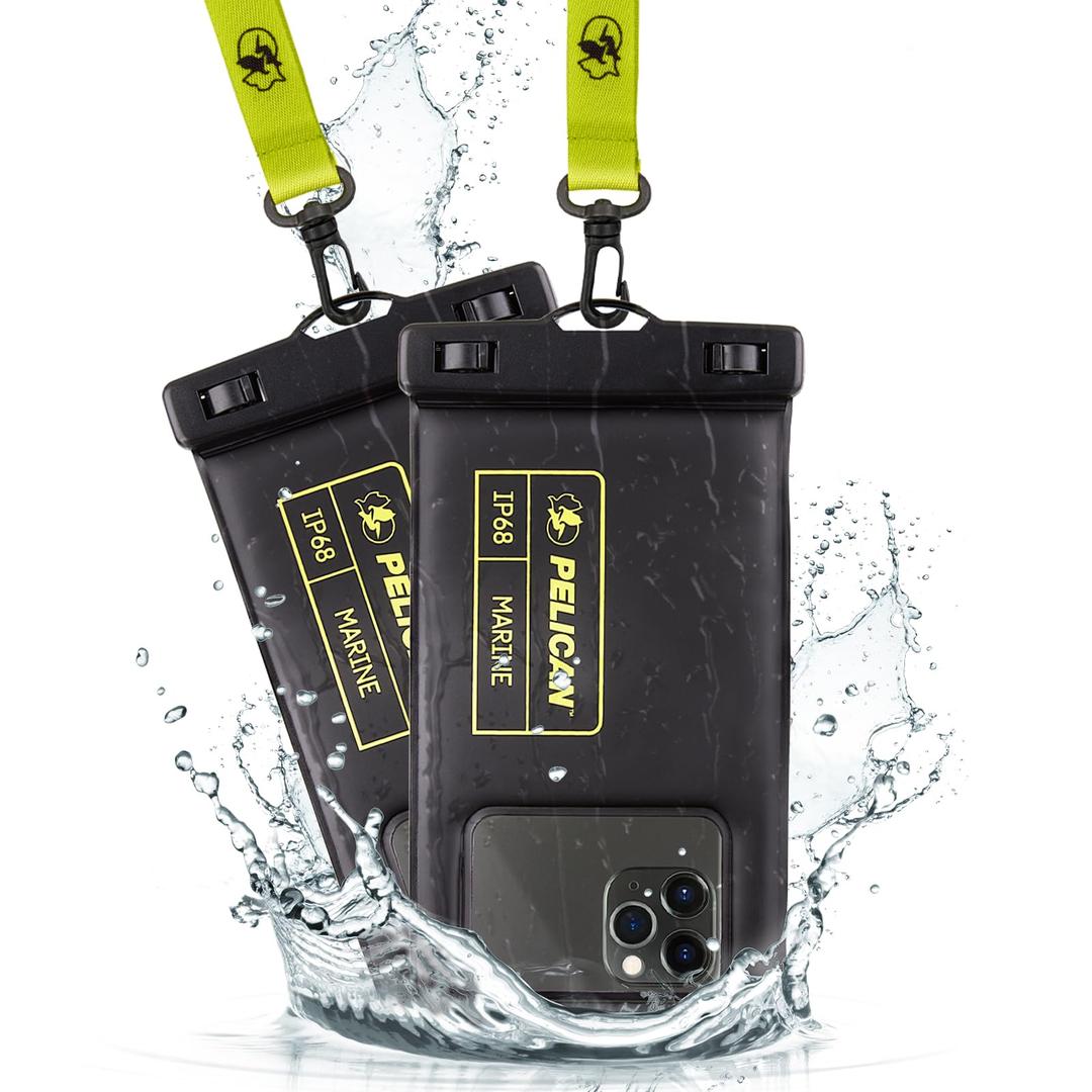 Pelican 2 Pack Marine - IP68 Waterproof Phone Pouch (Regular Size)-Floating Waterproof Phone Case For iPhone 16 Pro Max/iPhone 15 Pro/14 Pro/13/12/S24 - Detachable Lanyard - Black / Hi-Vis Yellow