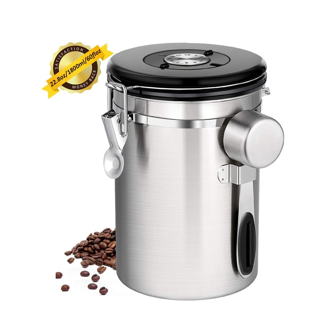 Airtight Coffee Canister Stainless Steel Coffee Container with Scoop, CO2 Vent Valve and Date Tracker Wheel, Storage Vault for Whole/Ground Coffee Bean, Keeps Your Coffee Fresh