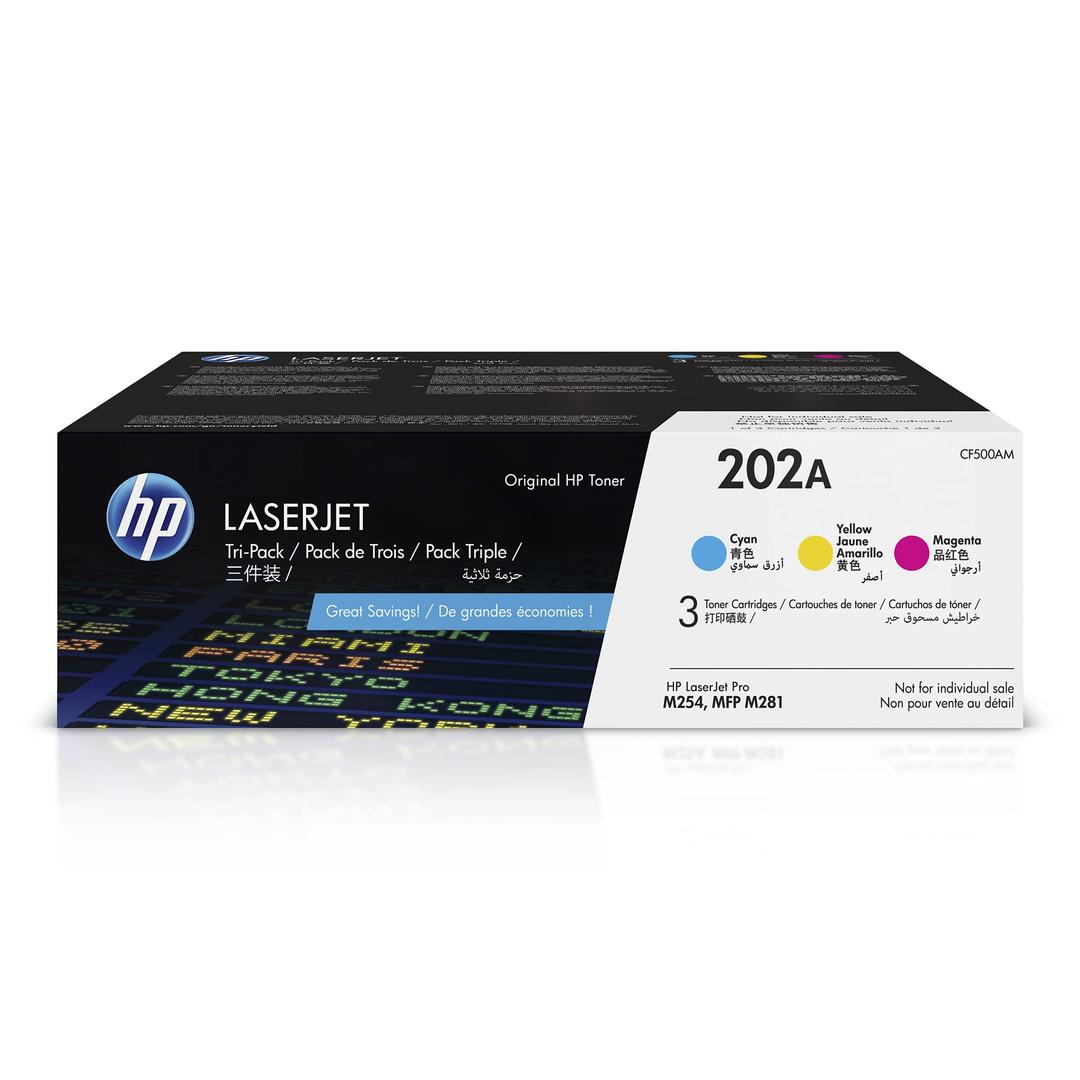 HP 202A Cyan, Magenta, Yellow Toner Cartridges (3 Pack) | Works with HP Color LaserJet Pro M254, HP Color LaserJet Pro MFP M281 Series | CF500AM