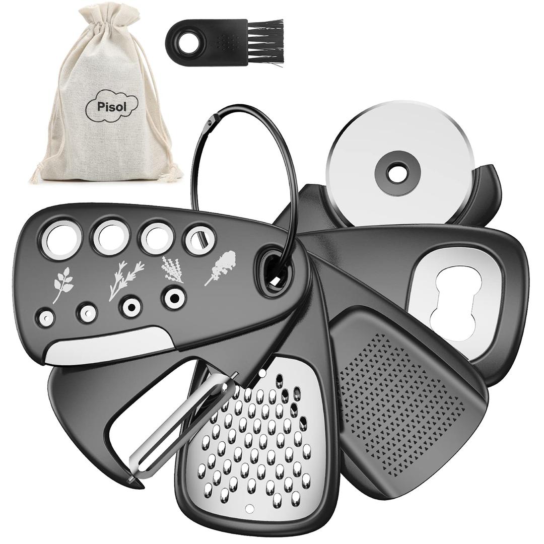 Kitchen Unique Gadgets Set 6 Pieces, Space Saving, Cheese Grater, Bottle Opener, Fruit Vegetable Peeler, Pizza Cutter, Garlic Ginger Grinder, Herb Stripper Gift Set