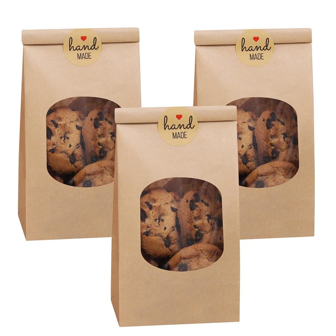 Eupako 3.54x2.36x6.7" Bakery Bags with Window 50 PCS Brown Tin Tie Tab Lock Bags Kraft Paper Bags for Cookies, Coffee, Included 50 PCS Handmade Stickers