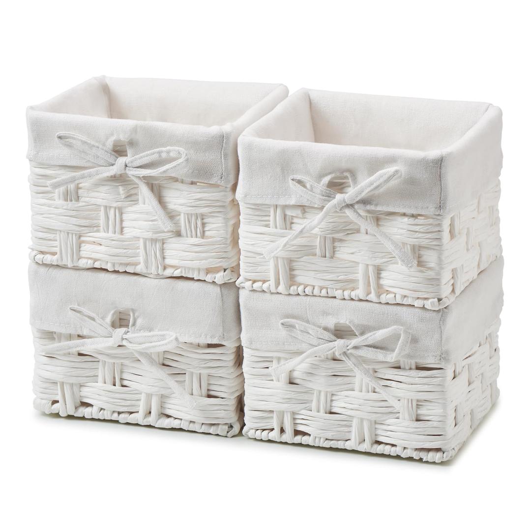 EZOWareSet of 4 Square Wicker Woven Paper Rope Organizer Basket, Decorative Storage Cube Container Box Bin with Removable Liners for Baby Cloth Kids Nursery Room Home - (7x7x5 inch, White)