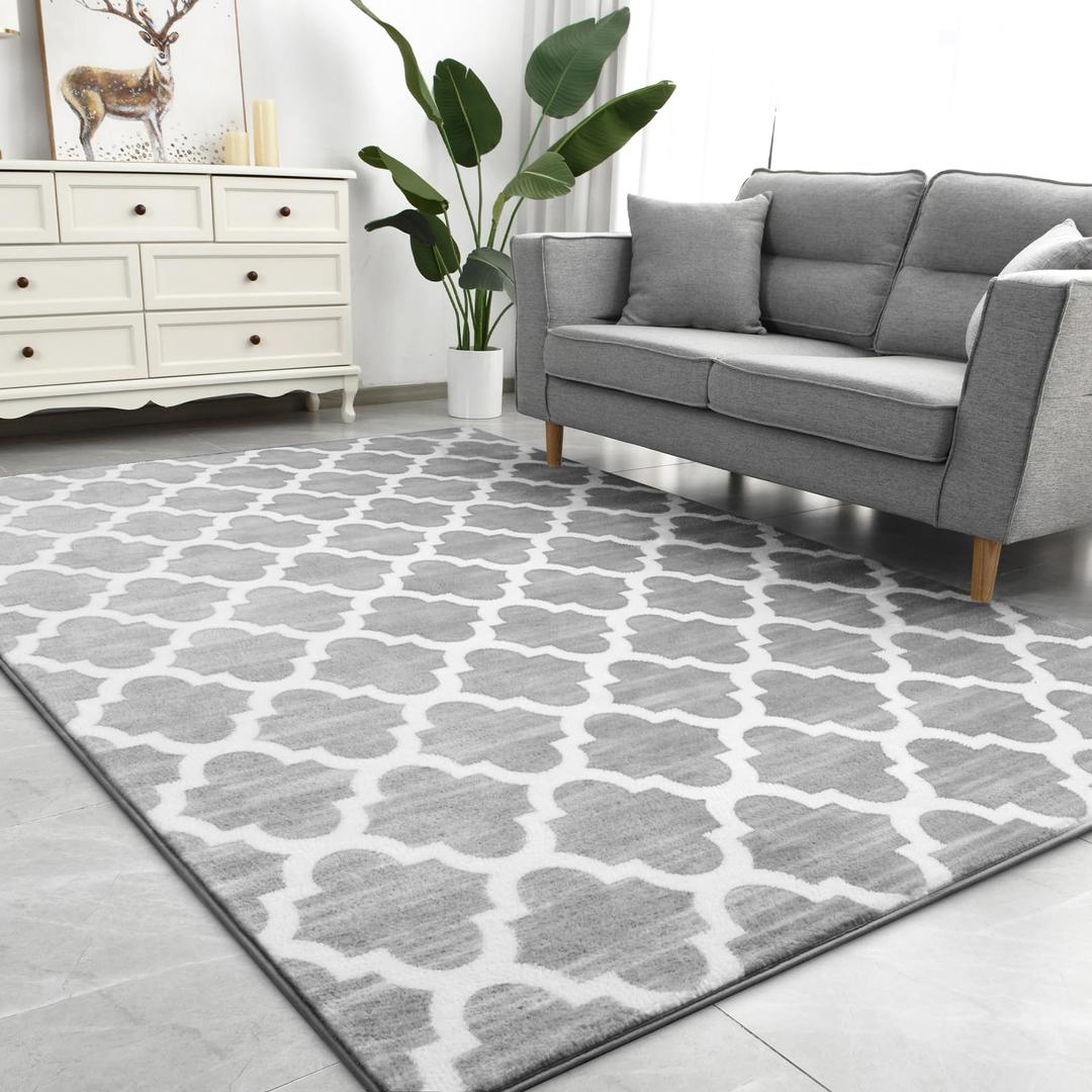 Geometric Shag Modern Area Rug for Living Room Bedroom, 4x6 Distressed Moroccan Fluffy Rug Indoor Carpet for Kids Nursery Bedside Room Decor, Memory Foam Super Soft Shaggy Rugs, Grey/White