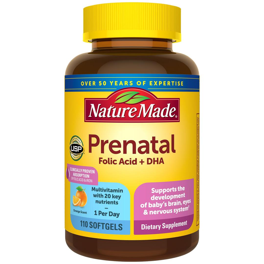 Nature Made Prenatal with Folic Acid + DHA, Prenatal Vitamin and Mineral Supplement for Daily Nutritional Support, 110 Softgels, 110 Day Supply