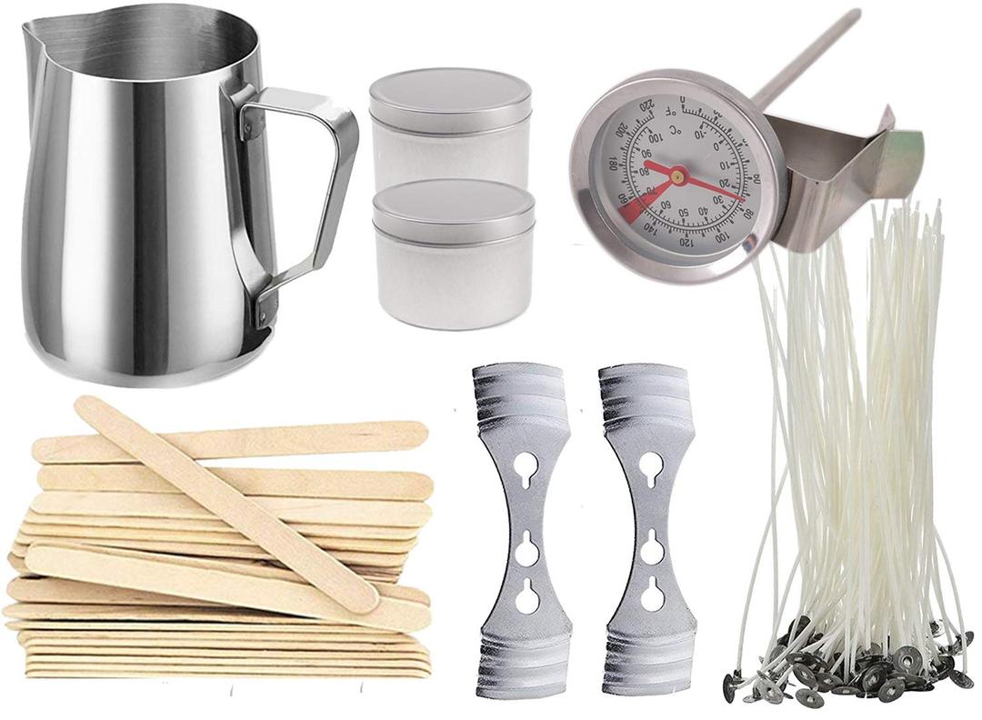 Buytra Candle Making Kit Includes 20 oz Stainless Steel Melting Pot, Prewaxed Candle Wicks, Wick Centering Device, Thermometer, 8 oz Candle Tins and Stirring Sticks - Make Your Own Candles at Home