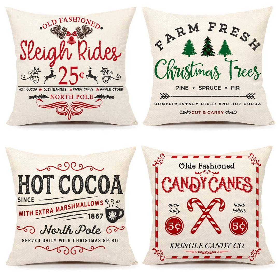 4TH EmotionFarmhouse Christmas Pillow Covers 18x18 Set of 4 Winter Holiday Decorations Xmas Rustic Throw Cushion Case for Sofa Couch Home Decor (Sleigh Rides, Farm Fresh Tree, Cocoa, Candy Canes)