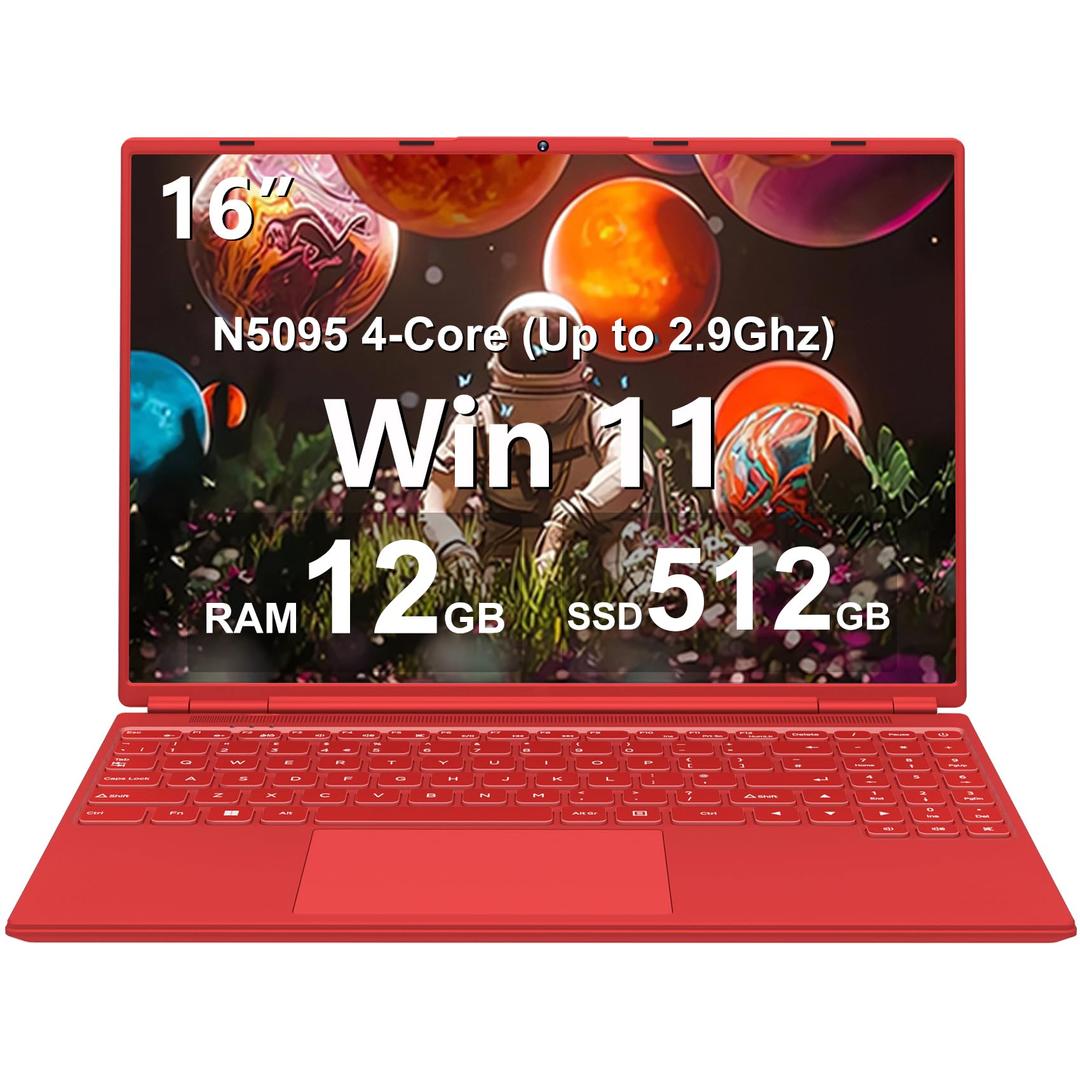 16" Laptop 12+512GB Celeron N5095 (Up to 2.9Ghz) 4-Core Win 11 PC with Cooling Fan 1920 * 1200 2K Screen Dual WiFi Support 2.5" HDD 1TB SSD Expand for Business Study-Red