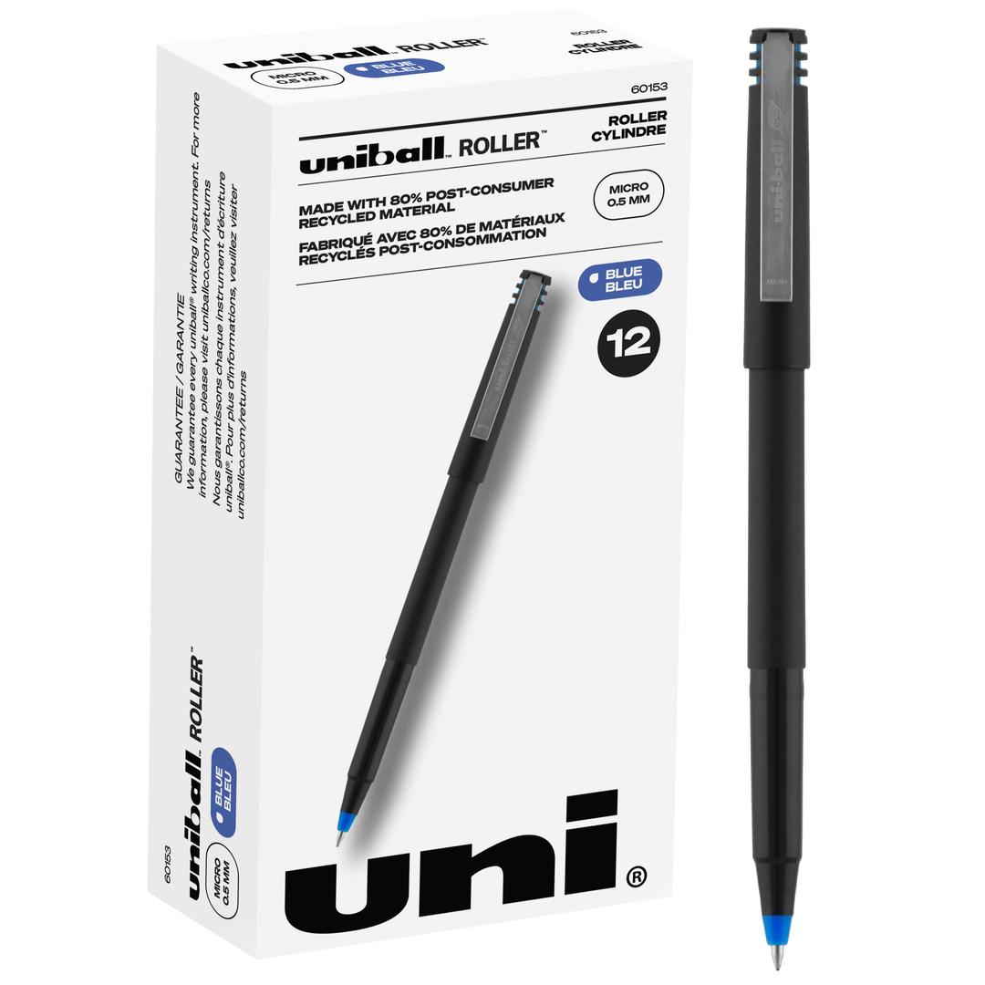 uni Roller Ball Stick Pens, 0.5 mm Micro Tip, Blue, Pack of 12