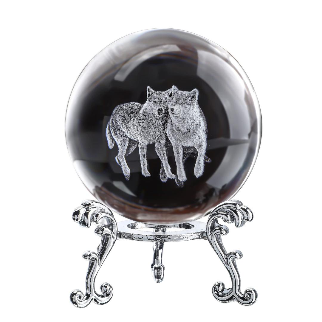 ZEERSHEE 60mm Wolf Crystal Decor Ball with Stand 3D Glass Laser Engraved Wolf Gifts for Wolf Lovers Decorative Glass Wolves Sphere Figurine for Home Office