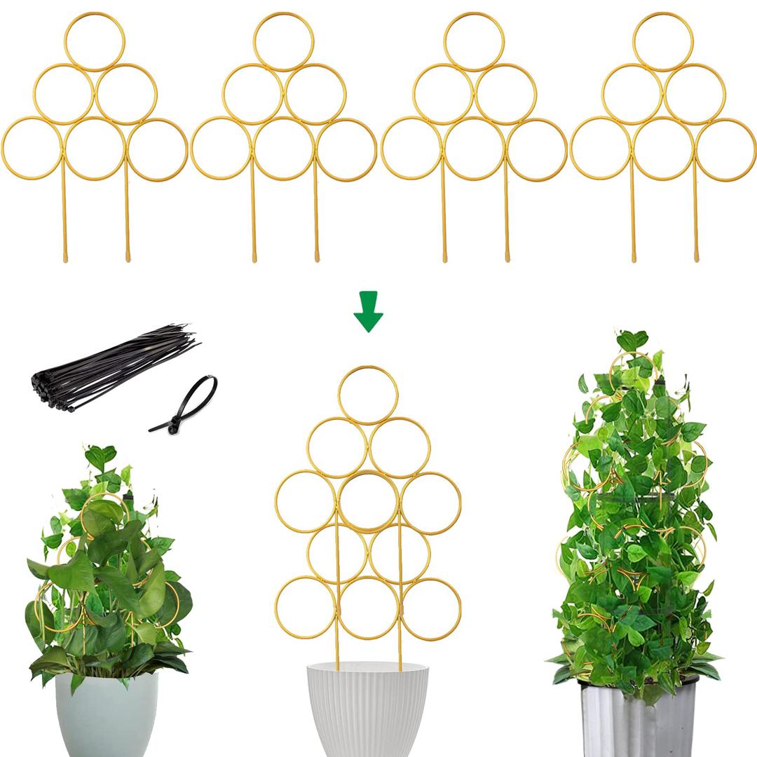 4 Pack Small Trellis for Potted Plants, Stackable House Plant Trellis w/ Cable Ties for Climbing Plants Indoor, Gold Monstera Trellis Plant Support Stakes for Indoor Plants