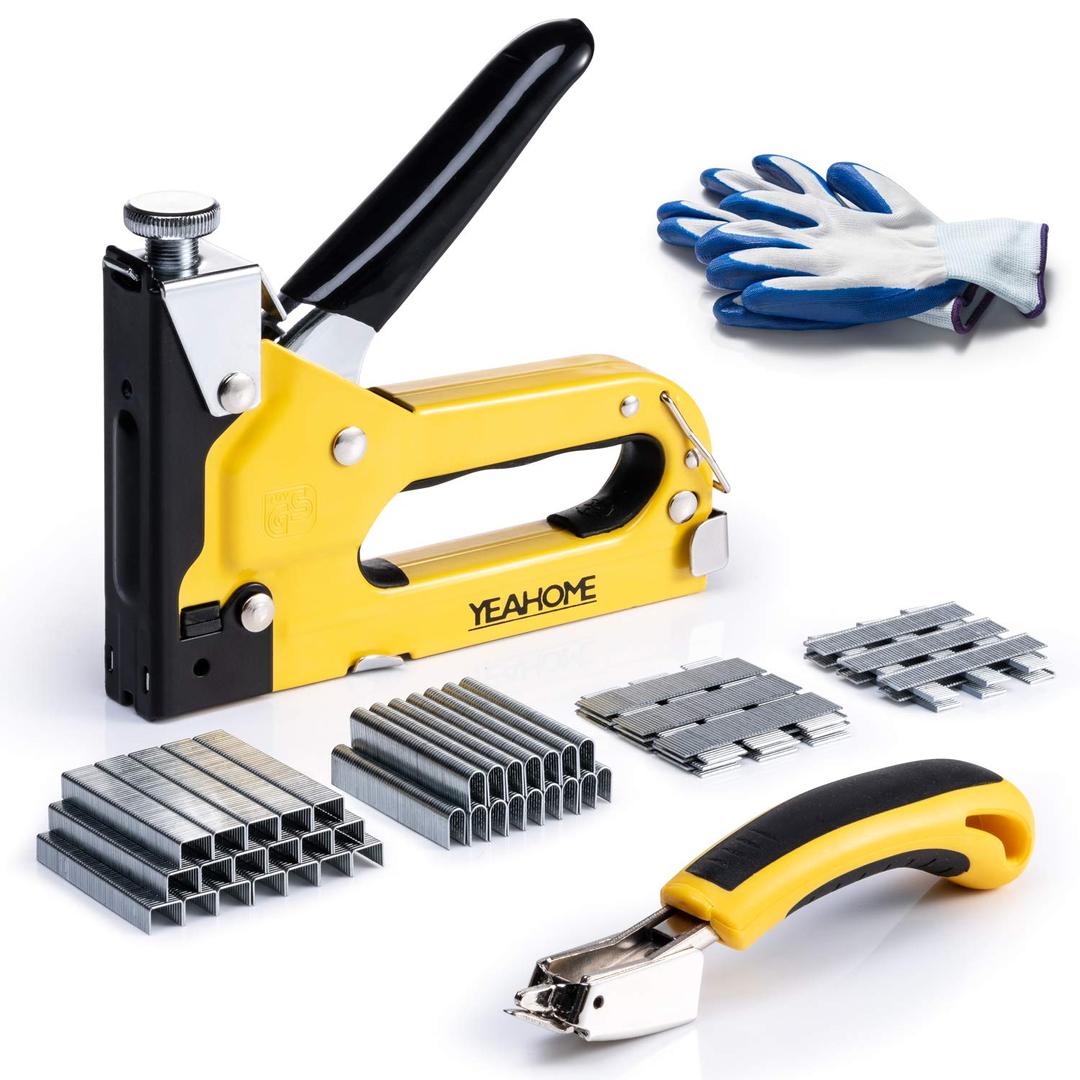 Upholstery 4 in 1 Staple Gun Heavy Duty, with 6000 Staples, Remover, Gloves, Manual Brad Nailer Power Adjustment Stapler Gun for Wood, Upholstery, Carpentry, Decoration DIY Staple Gun…