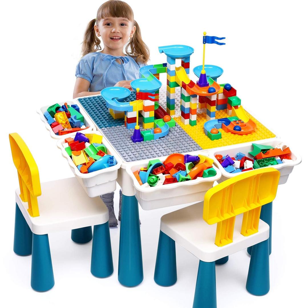 Kids Activity Table Toddlers Kids Table and Chair Set with 152Pcs Large Marble Run Building Blocks All in One Kids Play Table Water Table Sand Table, STEM Toys for Boys Girls 3 4 5 6 Year Old