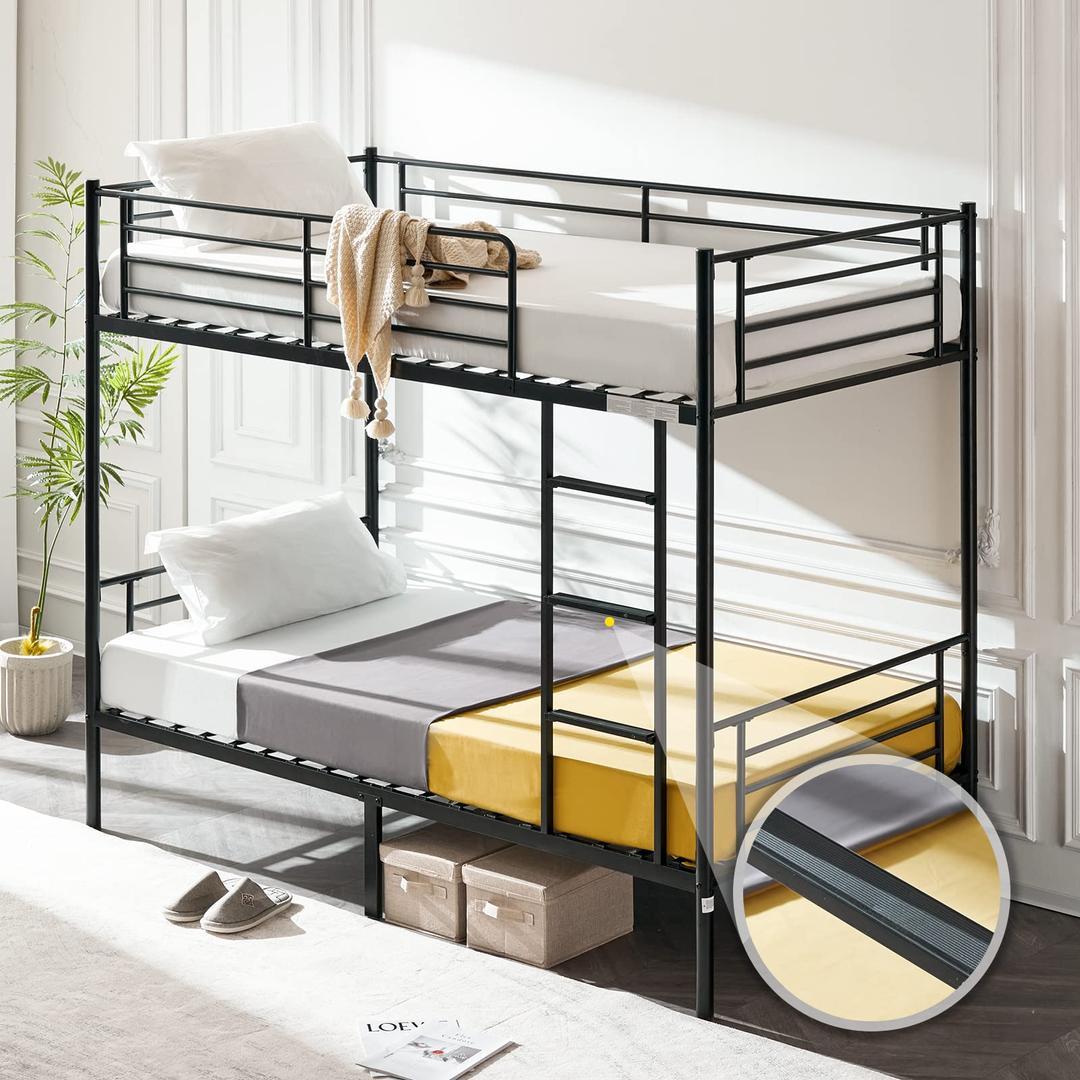 VINGLI Bunk Bed Twin Over Twin for Kids, Teens & Adults Bunk Bed with Stairs & Flat Rungs, Heavy Duty Metal Slats, No Box Spring Needed, Black