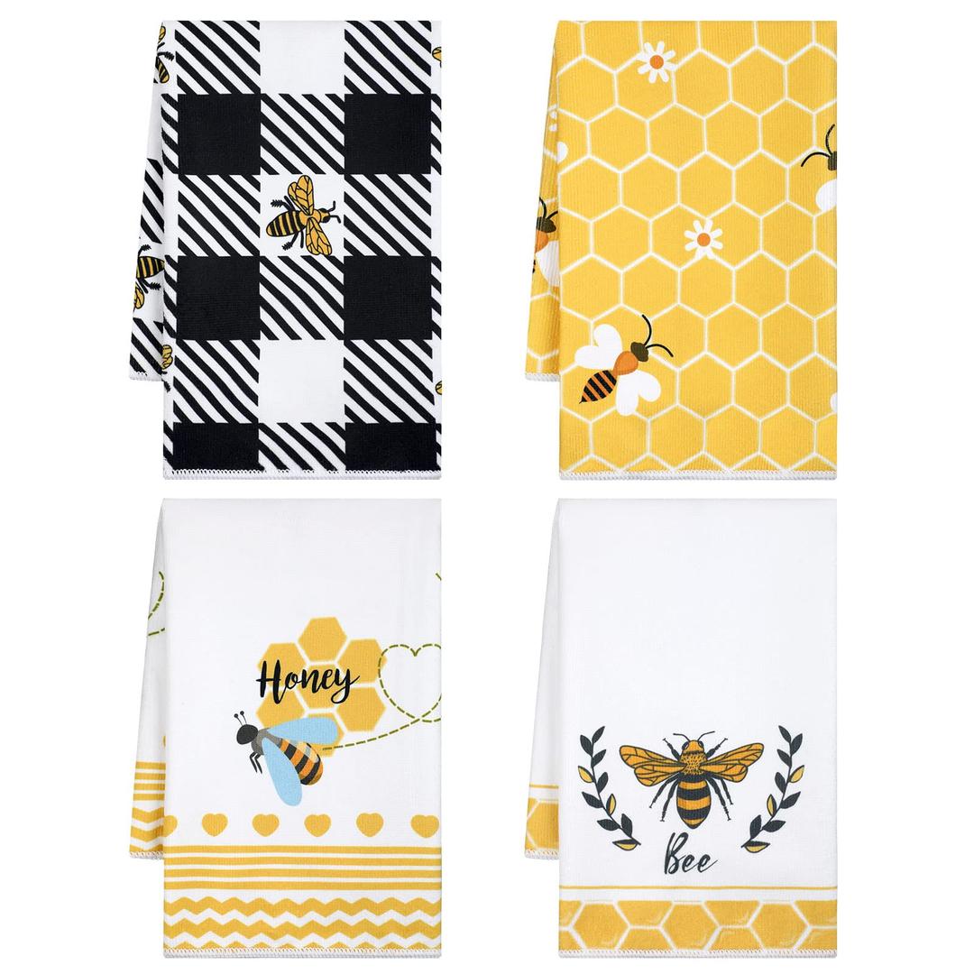 Tegeme 4 Pcs Bee Kitchen Towel Honey Bee Dish Towels Honeycomb Bath Tea Towels Bee Hand Polyester Towel Bee Cloths Absorbent for Kitchen Decor and Accessories 16 x 24 Inch(Black,Bee)