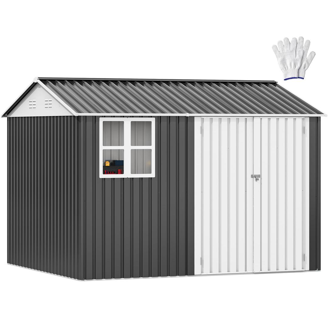 DWVO 8x10ft Large Tool Storage Shed with Window, Lockable Doors, and Sloped Roof, Oversized Steel Outdoor Storage Shed for Garden, Patio, Garage, Backyard, Lawn - Dark Gray