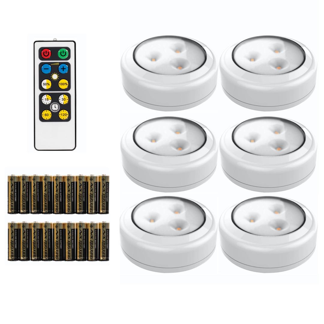 Brilliant Evolution Tap Light Push Lights 6pk w/Batteries + Remote, LED Stick On Lights Under Cabinets Battery Puck Lights with Remote - Under Counter Lighting Wireless Closet Kitchen Night Lights