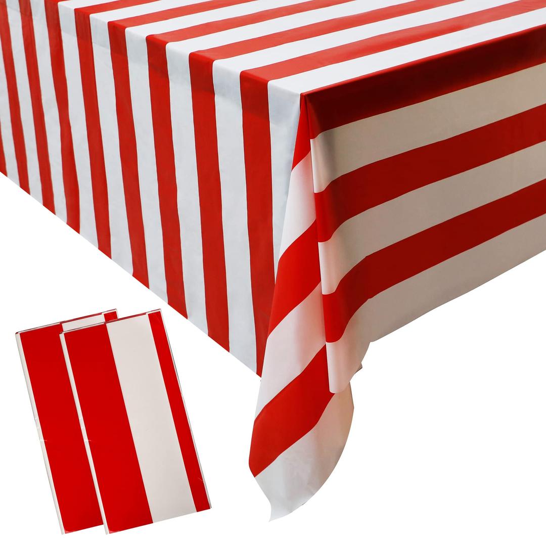 peony man 2 Pieces Red and White Striped Tablecloth Plastic Stripe Table Cover Carnival Circus Tablecloths Waterproof Rectangle Tablecloth for Holiday Party Picnic Decoration, 54" x 107"