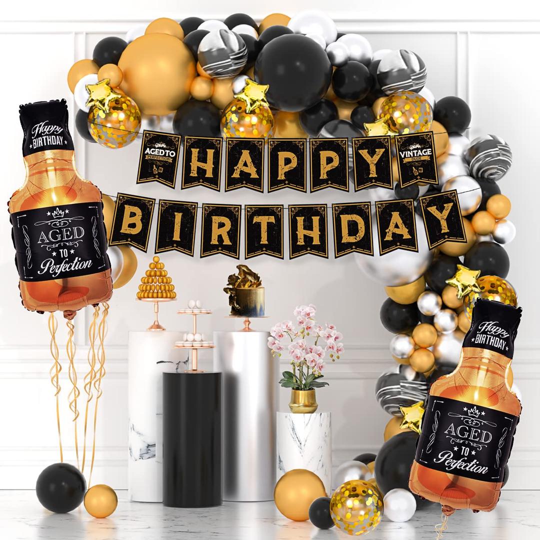 Whiskey Balloons Garland Arch Kit Silver Gold Black Latex Balloons Age to Perfection Whiskey Foil Balloons Happy Birthday Banner for Men Women Birthday Decorations Aged to Perfection Party Supplies