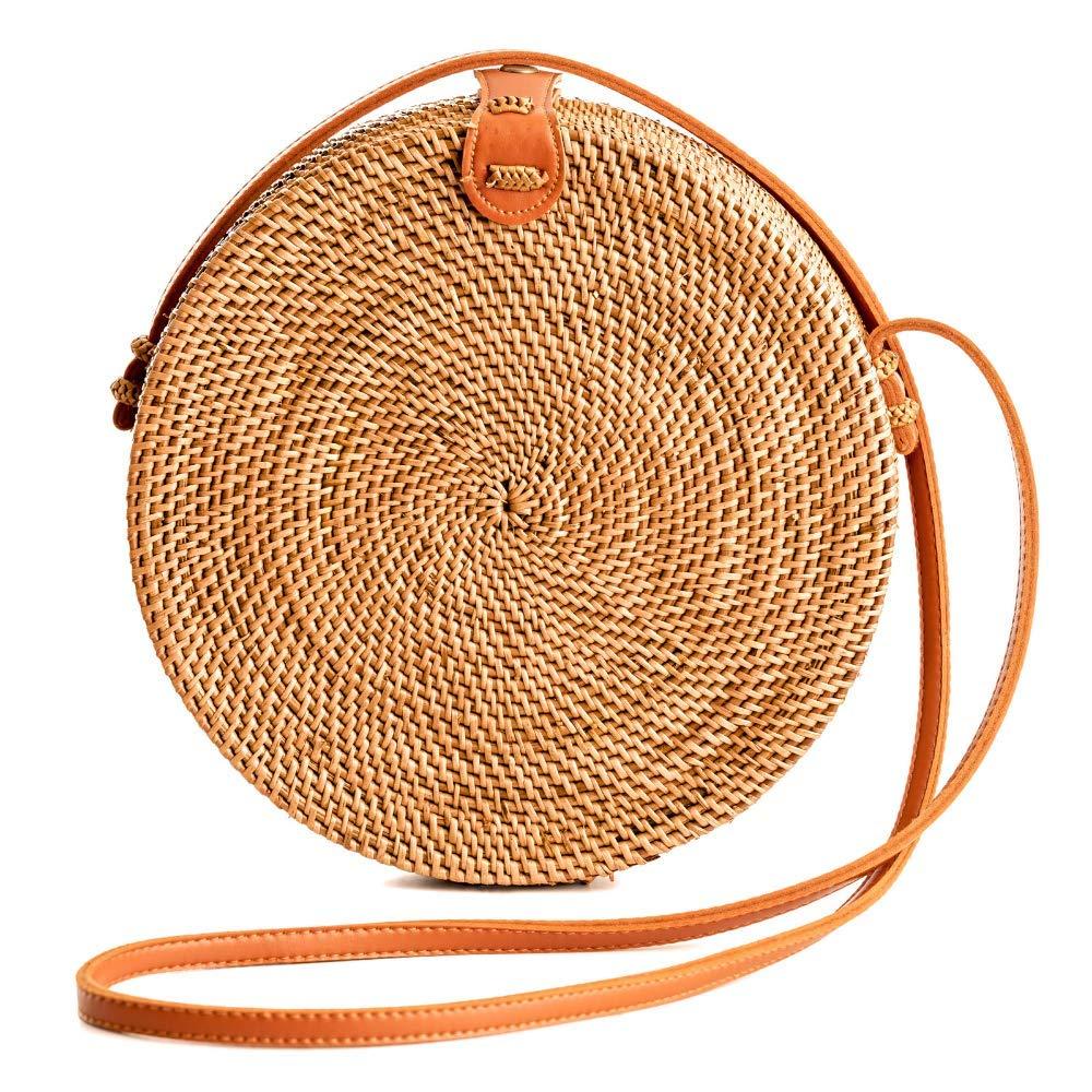 Novum Crafts Round Rattan Bag for Women - Handmade Ata Wicker Woven Purse - Circle, Square, Oval Brown Straw Boho Bags