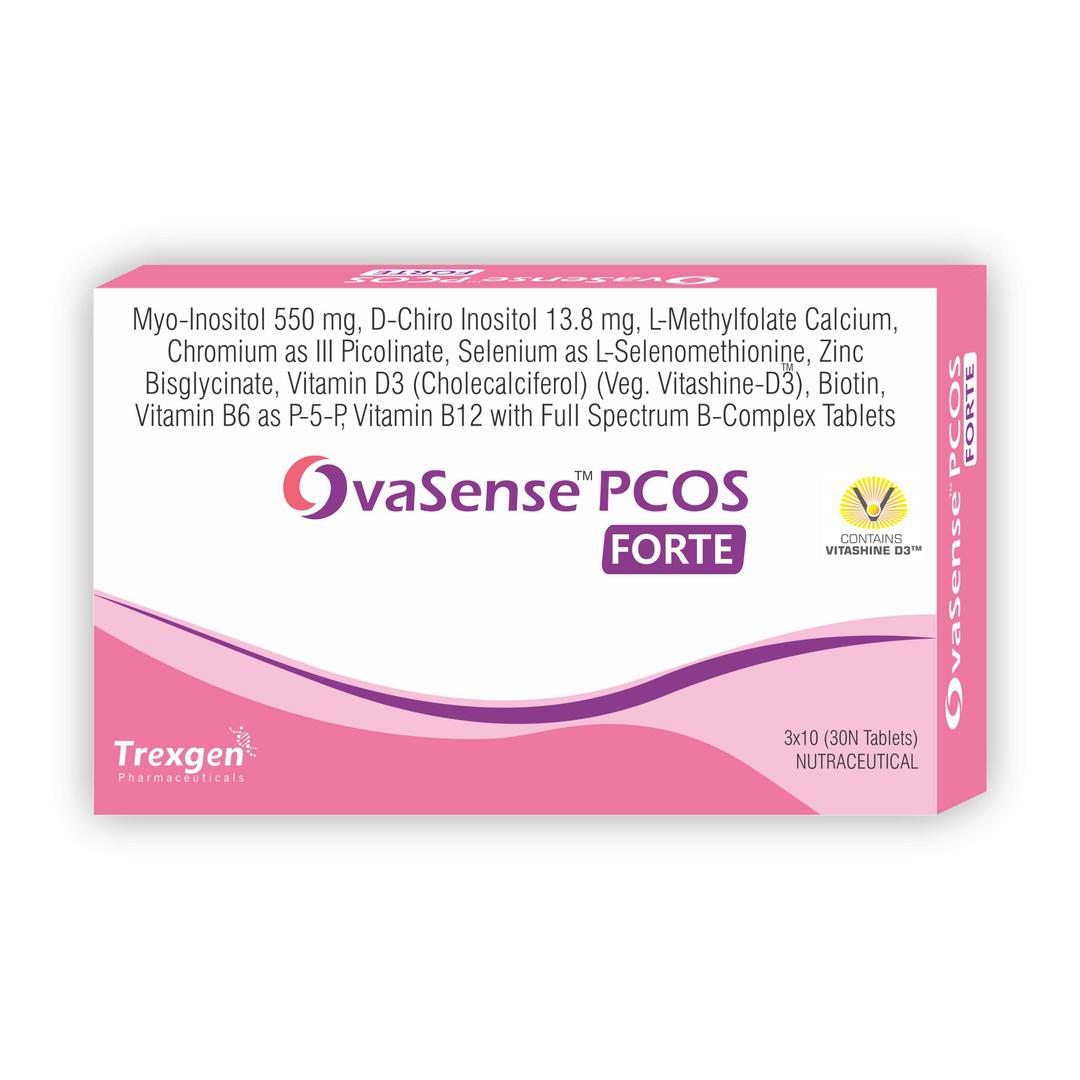 Trexgen® OvaSense-PCOS Forte Synergistic Myo-inositol 550mg & D-Chiro Inositol 13.8mg, Cholecalciferol, B-complex,Zinc, Chromium, Selenium & Micronutrients (30 Tablets) (1) (Pack of 1)