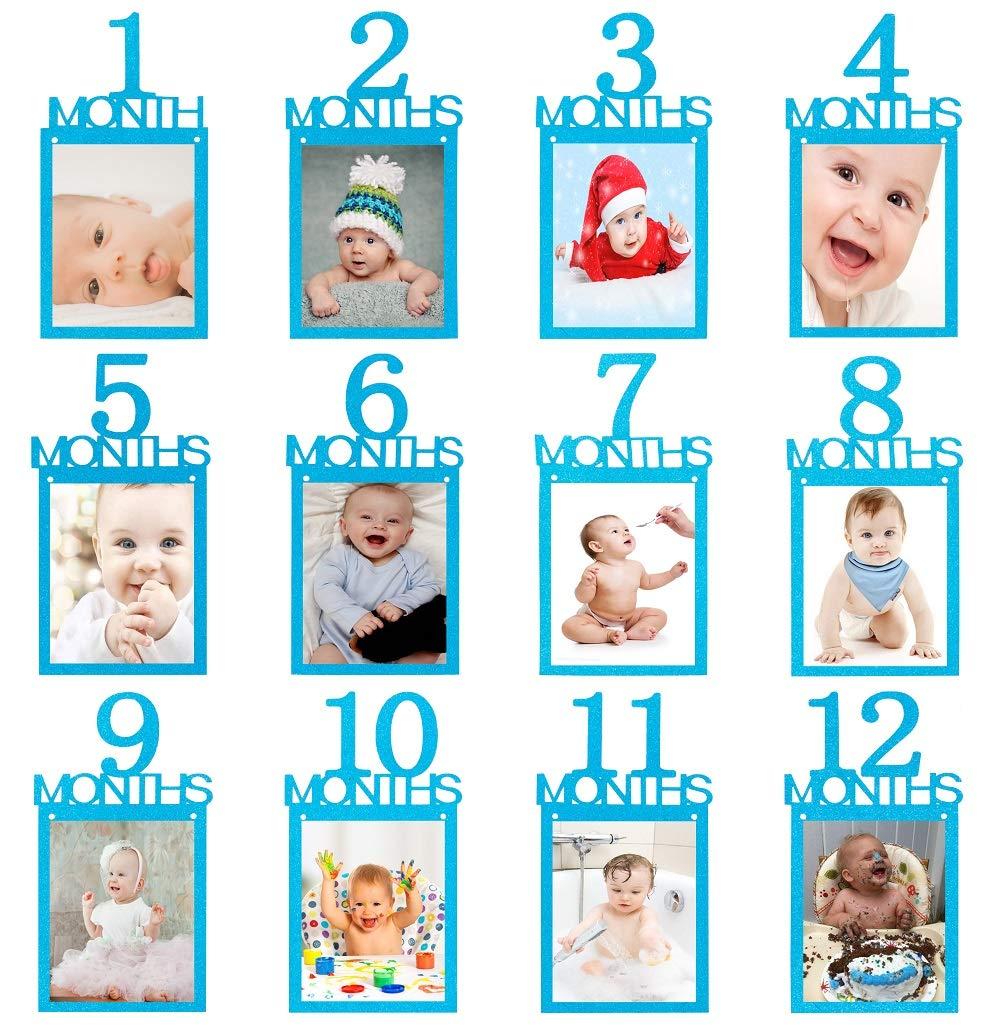 1st Birthday Baby Photo Banner ，Blue Glitter Growth Record 1 to12 Month Photo Prop ，Monthly Milestone Photograph Bunting Garland, Boy First Birthday Celebration Decoration Supplies