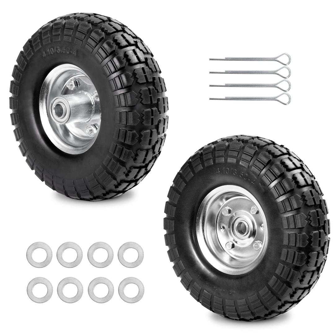 4.10/3.50-4 Tire Wheels Flat Free 10" Heavy Duty Solid Flat-Free Replacement Tire with 5/8 Axle Compatible with Gorilla Cart,Hand Truck,Wagon (2-Pack)