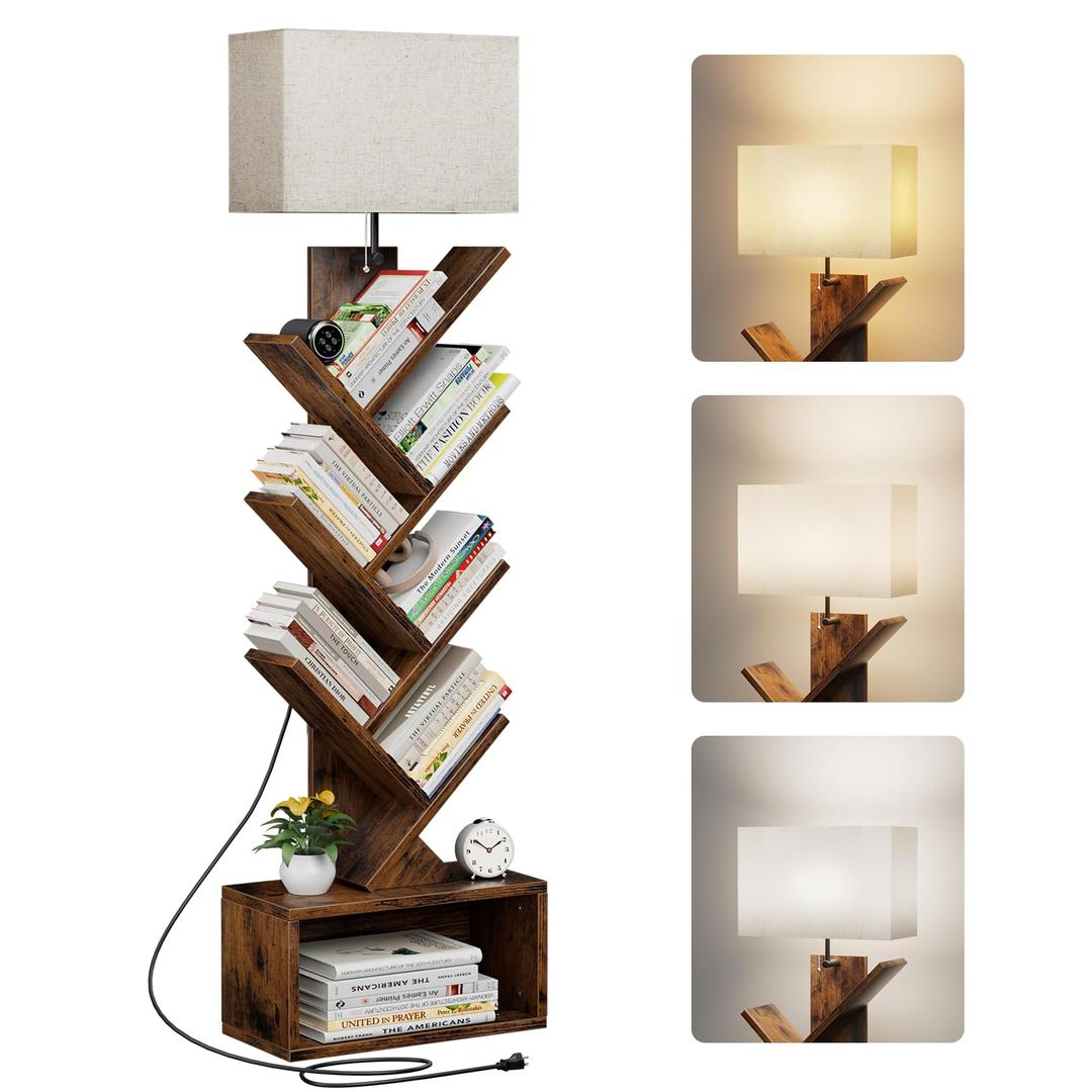 6 Tier Tree Bookshelf with Light, Small Bookcase Tower for Books/CDs/Movies, Tall Floor Standing Book Organizer with Storage Cabinet for Living Room, Bedroom & Home Office, Rustic Brown