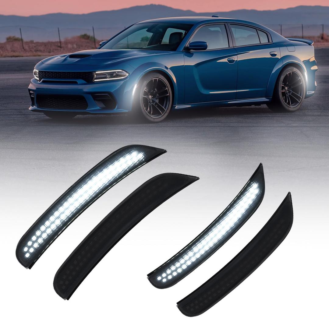 AUTOONE LED Side Marker Lights Compatible with Dodge Charger 2015-2023, White Front & Rear Bumper Marker Lamps Smoked Len, 4PCS